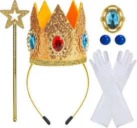 5PCS Princess Crown Accessories, Princess Tiara Headband/Wand/Gloves/Brooch/Earrings for Girls Women Halloween Cosplay Party Dress Up Gold