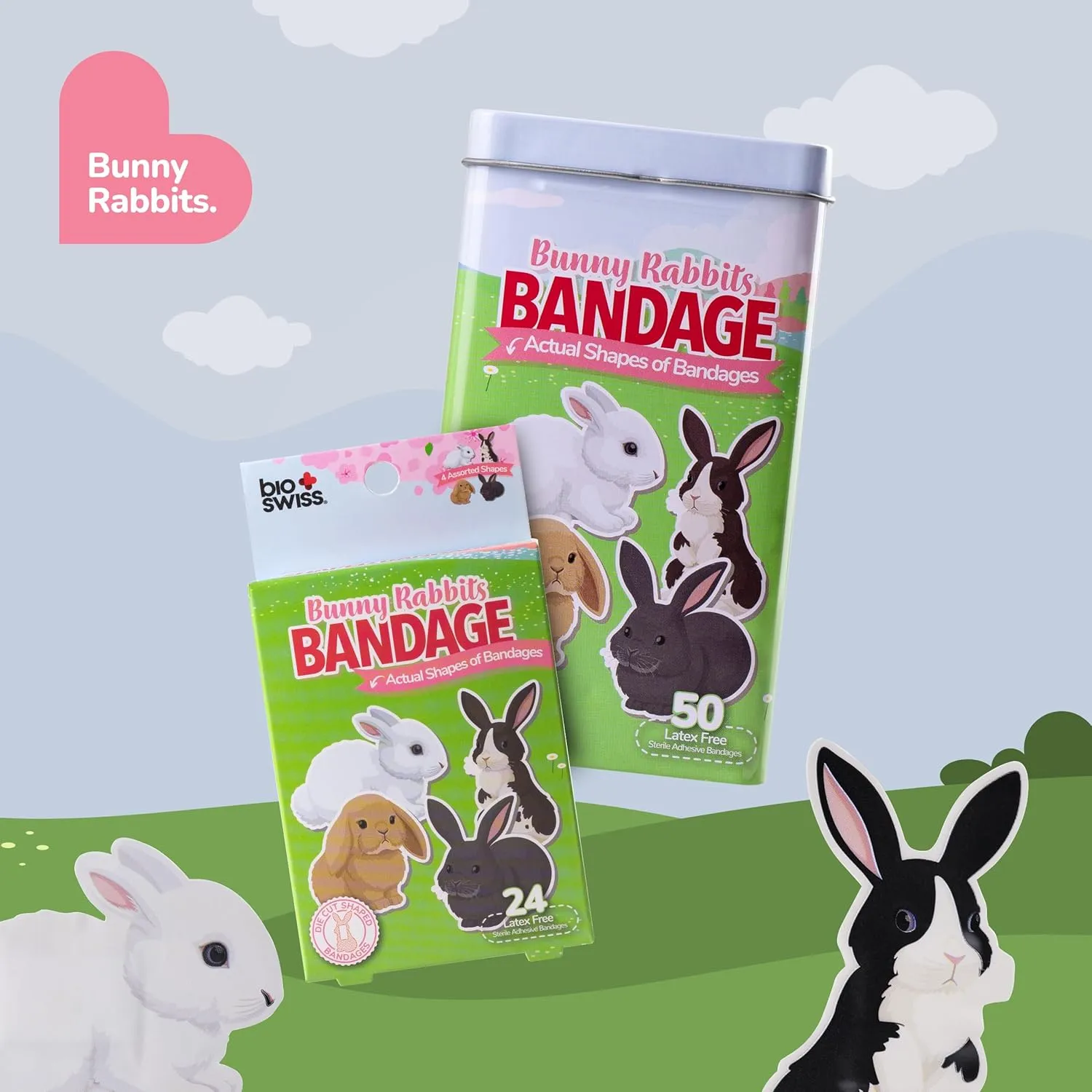 BioSwiss Bandages, Bunny Rabbits Shaped Self Adhesive Bandage, Latex Free Sterile Wound Care, Fun First Aid Kit Supplies for Kids and Adults, 24 Count