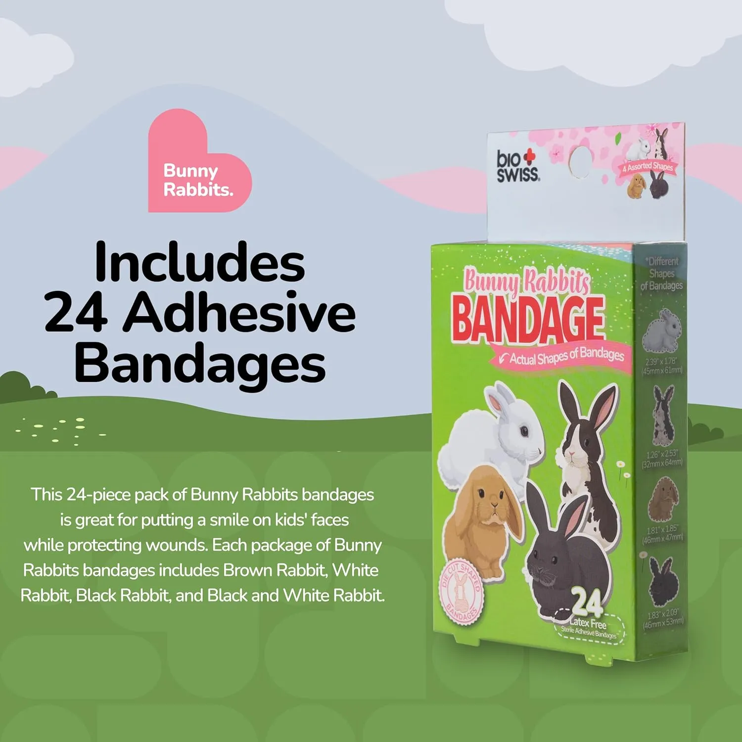 BioSwiss Bandages, Bunny Rabbits Shaped Self Adhesive Bandage, Latex Free Sterile Wound Care, Fun First Aid Kit Supplies for Kids and Adults, 24 Count