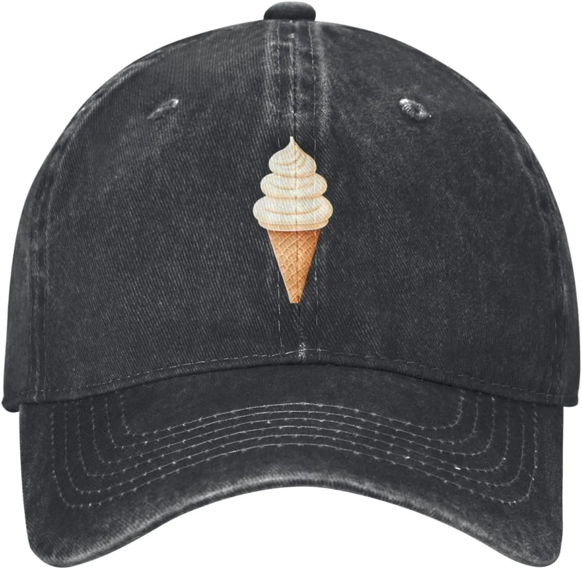Black Creamy Ice Cream Cone Pattern Washed Cowboy Baseball Cap for Adults - Stylish and Breathable Hat