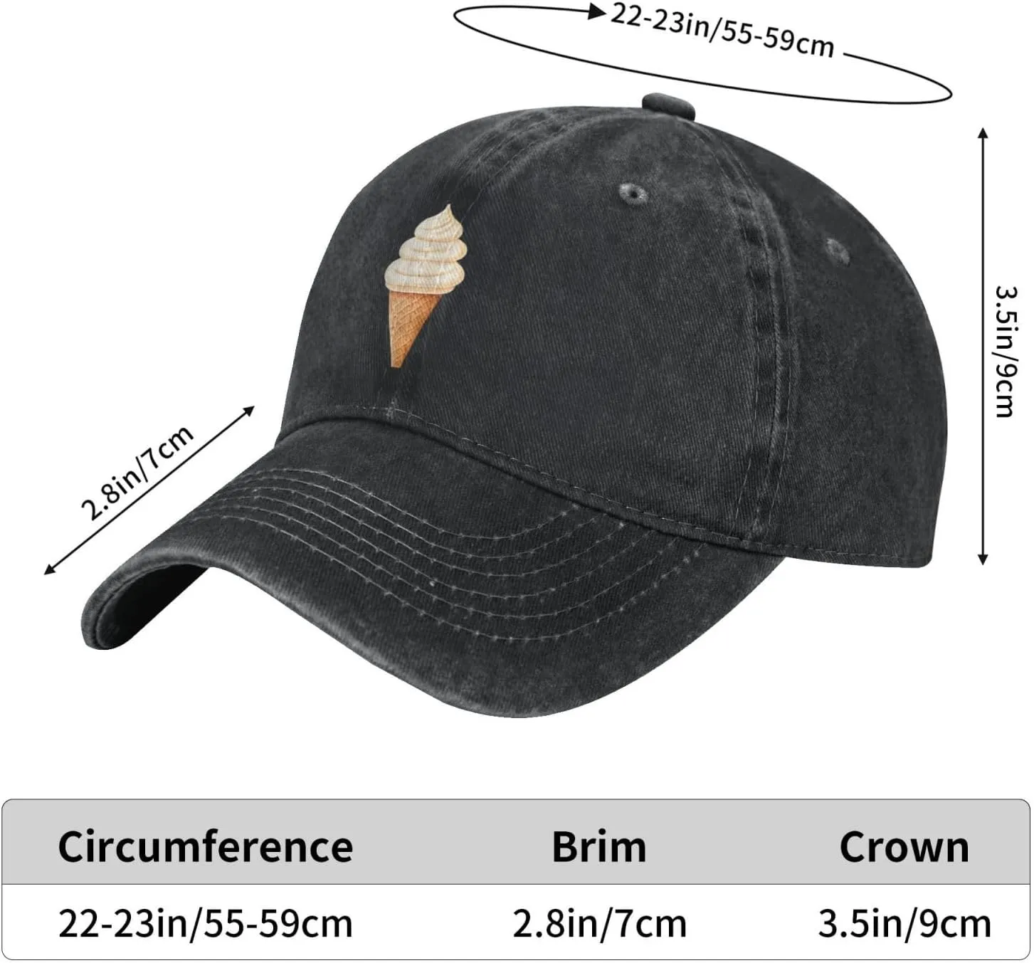 Black Creamy Ice Cream Cone Pattern Washed Cowboy Baseball Cap for Adults - Stylish and Breathable Hat