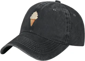 Black Creamy Ice Cream Cone Pattern Washed Cowboy Baseball Cap for Adults - Stylish and Breathable Hat