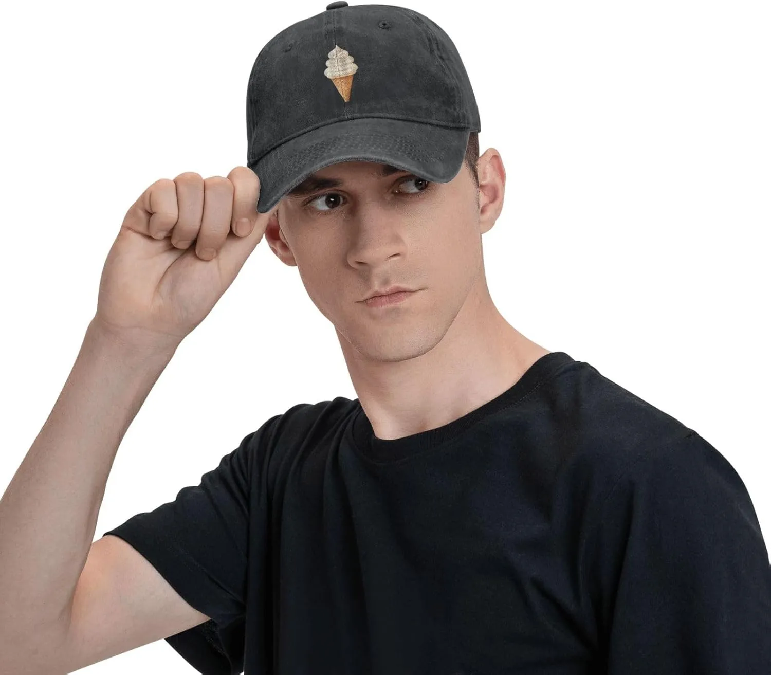 Black Creamy Ice Cream Cone Pattern Washed Cowboy Baseball Cap for Adults - Stylish and Breathable Hat