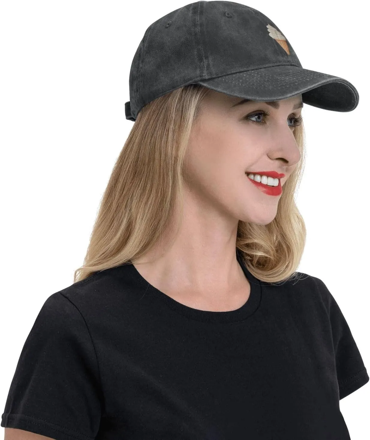 Black Creamy Ice Cream Cone Pattern Washed Cowboy Baseball Cap for Adults - Stylish and Breathable Hat
