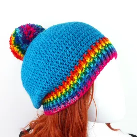 Bright Rainbow Slouch Pom Pom Beanie (Custom Colour)