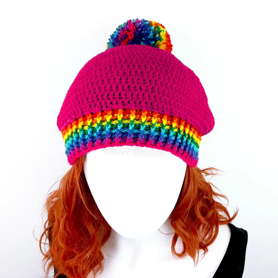 Bright Rainbow Slouch Pom Pom Beanie (Custom Colour)