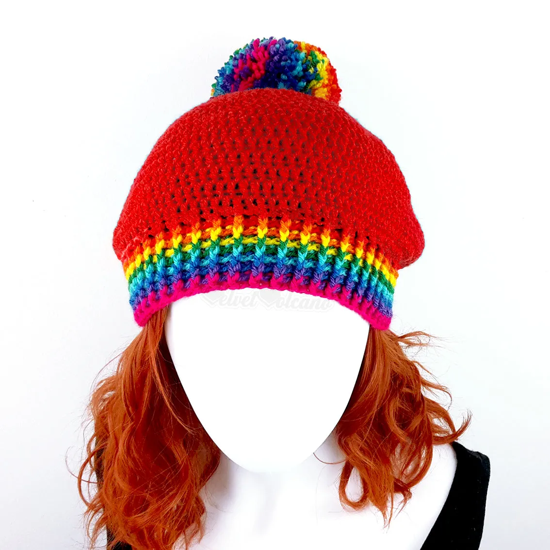 Bright Rainbow Slouch Pom Pom Beanie (Custom Colour)