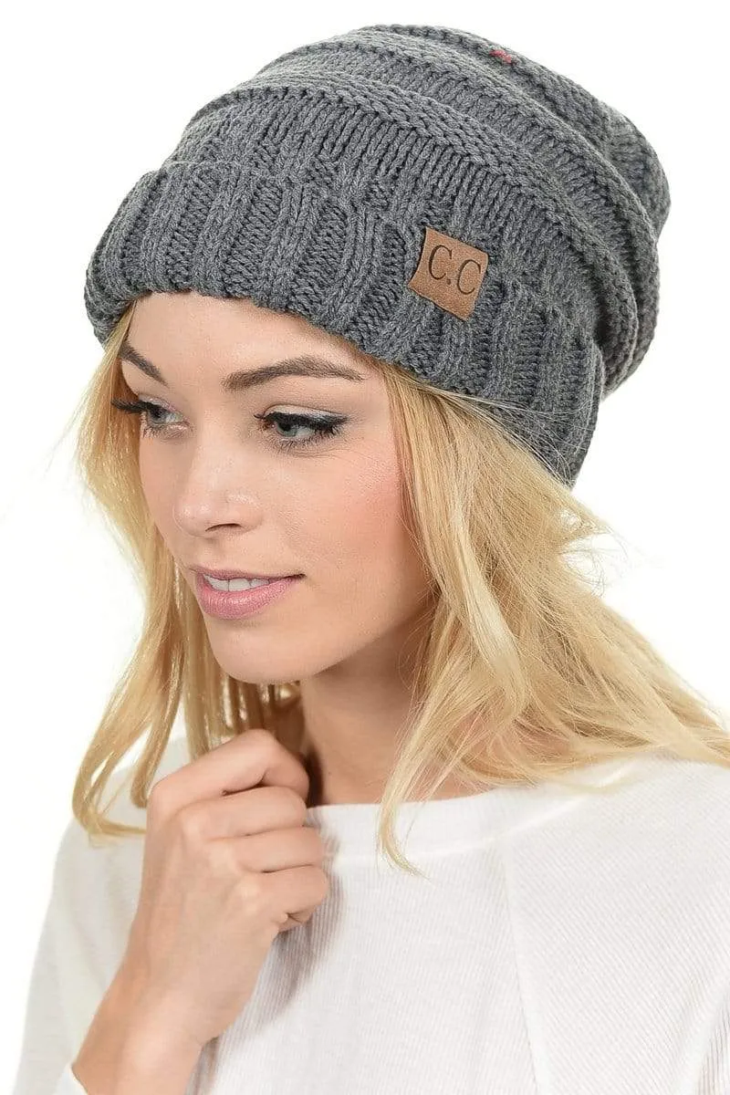 C.C Hat 100 - Oversized Baggy Slouch Thick Warm Cap Hat Skully Color Cable Knit Beanie
