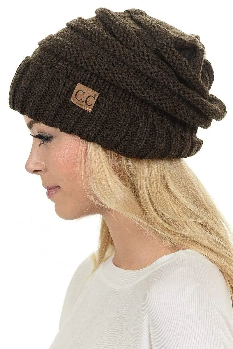 C.C Hat 100 - Oversized Baggy Slouch Thick Warm Cap Hat Skully Color Cable Knit Beanie