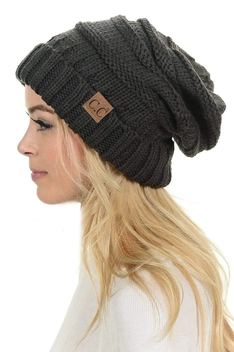C.C Hat 100 - Oversized Baggy Slouch Thick Warm Cap Hat Skully Color Cable Knit Beanie