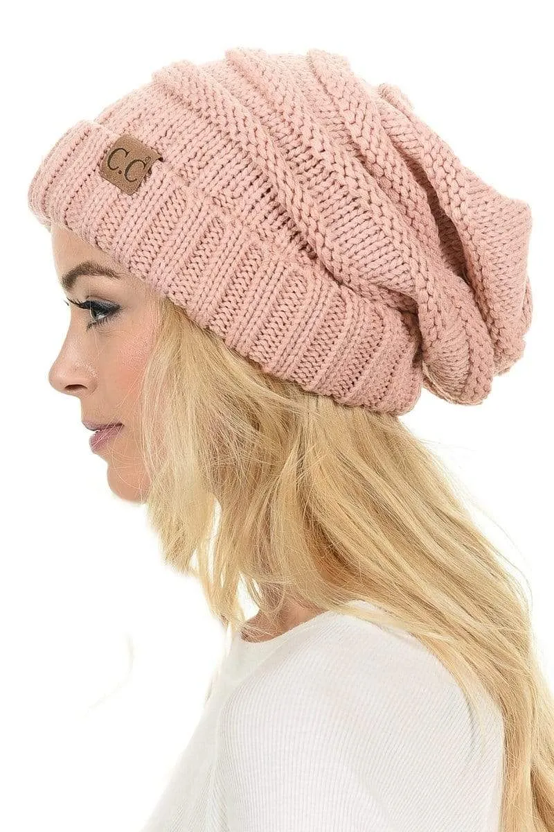 C.C Hat 100 - Oversized Baggy Slouch Thick Warm Cap Hat Skully Color Cable Knit Beanie