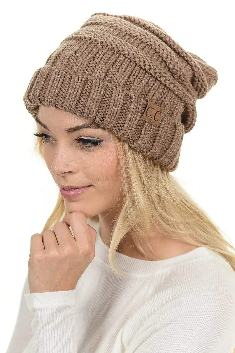 C.C Hat 100 - Oversized Baggy Slouch Thick Warm Cap Hat Skully Color Cable Knit Beanie