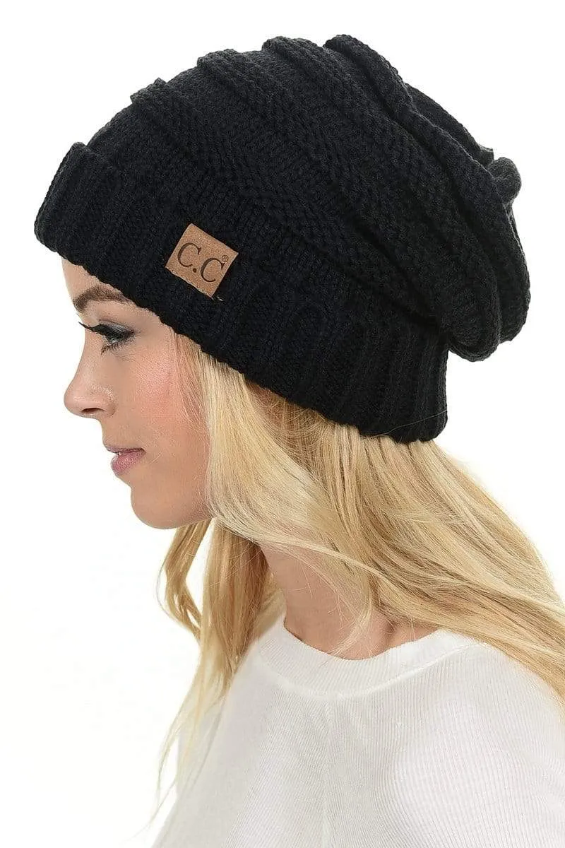 C.C Hat 100 - Oversized Baggy Slouch Thick Warm Cap Hat Skully Color Cable Knit Beanie