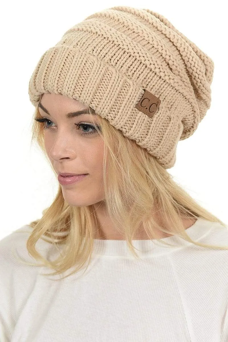 C.C Hat 100 - Oversized Baggy Slouch Thick Warm Cap Hat Skully Color Cable Knit Beanie