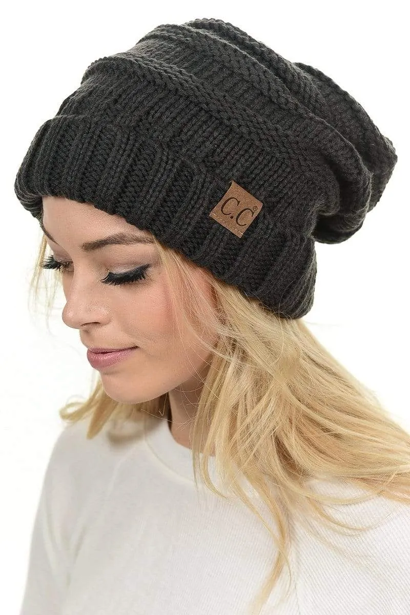 C.C Hat 100 - Oversized Baggy Slouch Thick Warm Cap Hat Skully Color Cable Knit Beanie