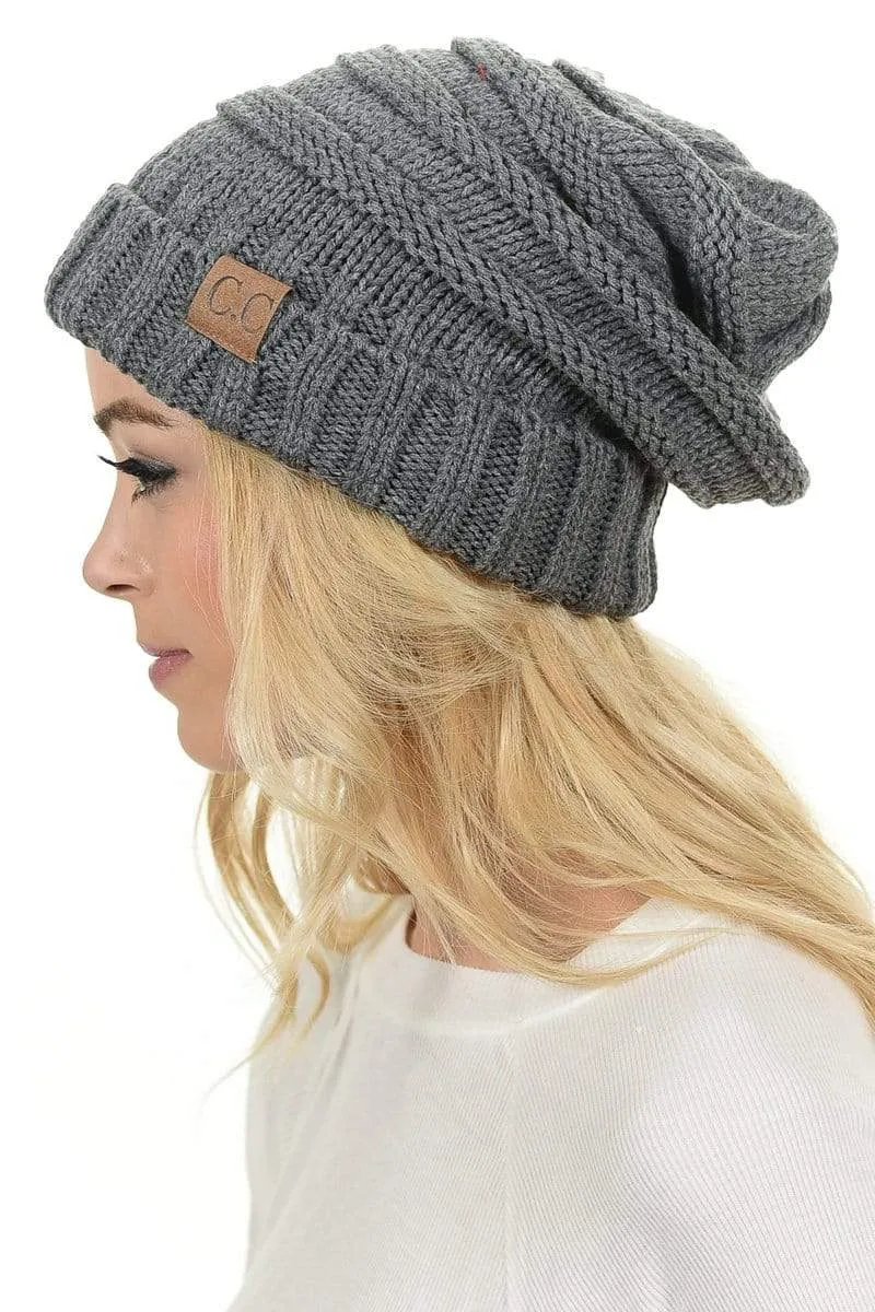 C.C Hat 100 - Oversized Baggy Slouch Thick Warm Cap Hat Skully Color Cable Knit Beanie