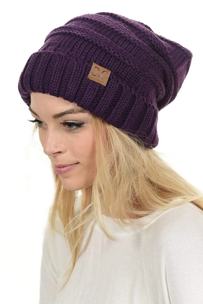 C.C Hat 100 - Oversized Baggy Slouch Thick Warm Cap Hat Skully Color Cable Knit Beanie