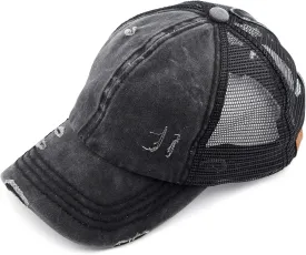 C.C Hatsandscarf Exclusives Washed Distressed Cotton Denim Ponytail Hat Adjustable Baseball Cap (BT-12) (BT-13)