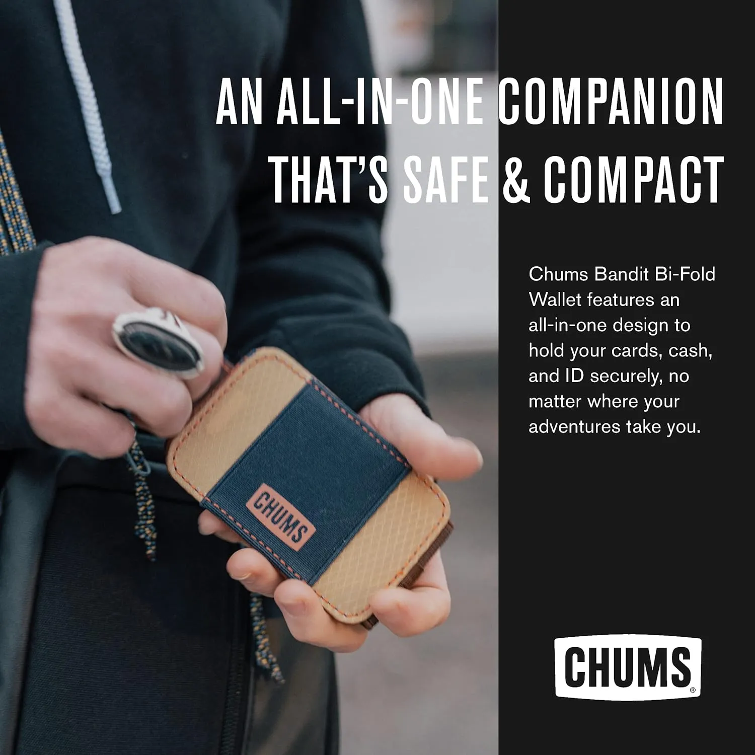 Chums Bandit Bi-Fold Wallet  Slim RFID Wallet for Men & Women, Reversible Card, ID & Money Holder (Black)