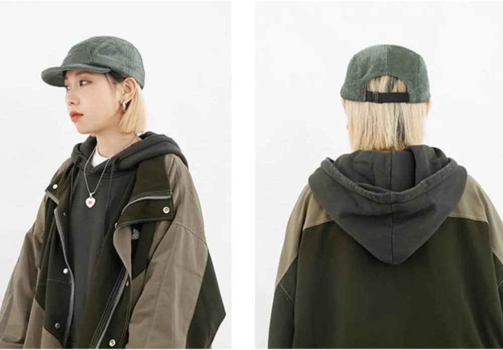 Clakllie Corduroy 5 Panel Hat Short Brim Baseball Cap Urban Street Flat Bill Hats Cooling Trucker Hats Snapback Fitted Cap