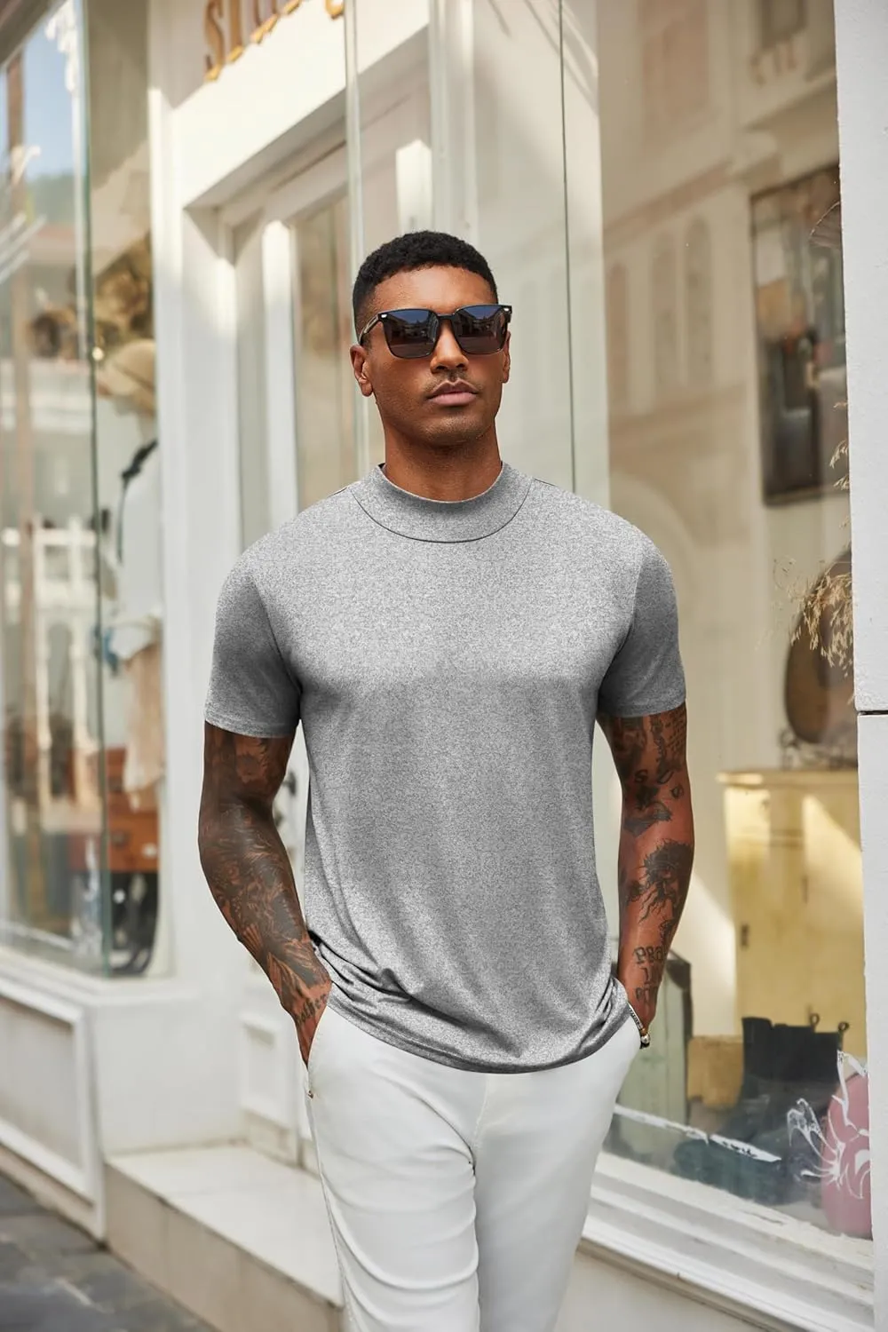 COOFANDY Men's Mock Turtleneck T Shirt Short Sleeve Slim Fit Basic Casual Undershirt Solid Color Pullover Tee