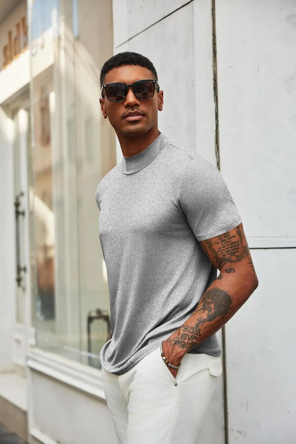 COOFANDY Men's Mock Turtleneck T Shirt Short Sleeve Slim Fit Basic Casual Undershirt Solid Color Pullover Tee