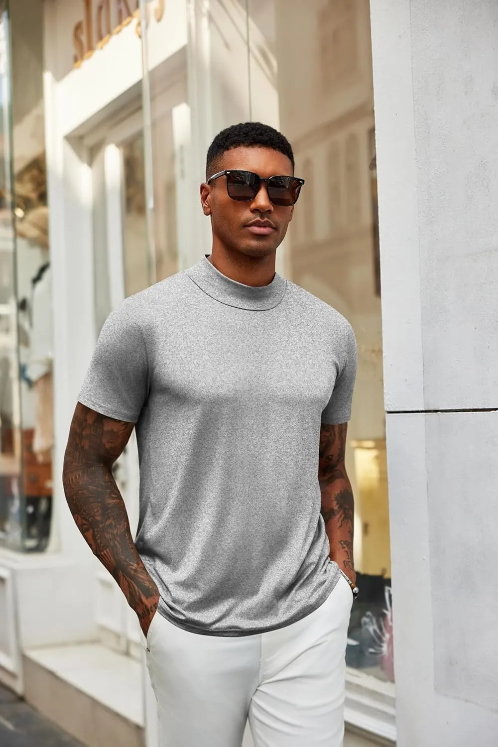 COOFANDY Men's Mock Turtleneck T Shirt Short Sleeve Slim Fit Basic Casual Undershirt Solid Color Pullover Tee