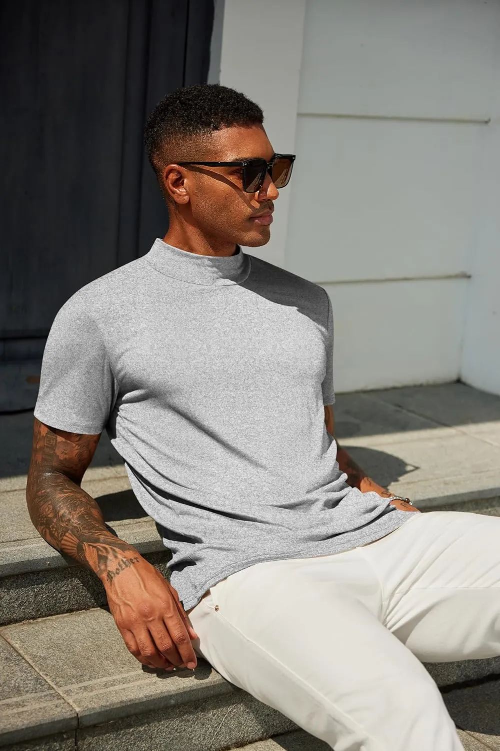 COOFANDY Men's Mock Turtleneck T Shirt Short Sleeve Slim Fit Basic Casual Undershirt Solid Color Pullover Tee