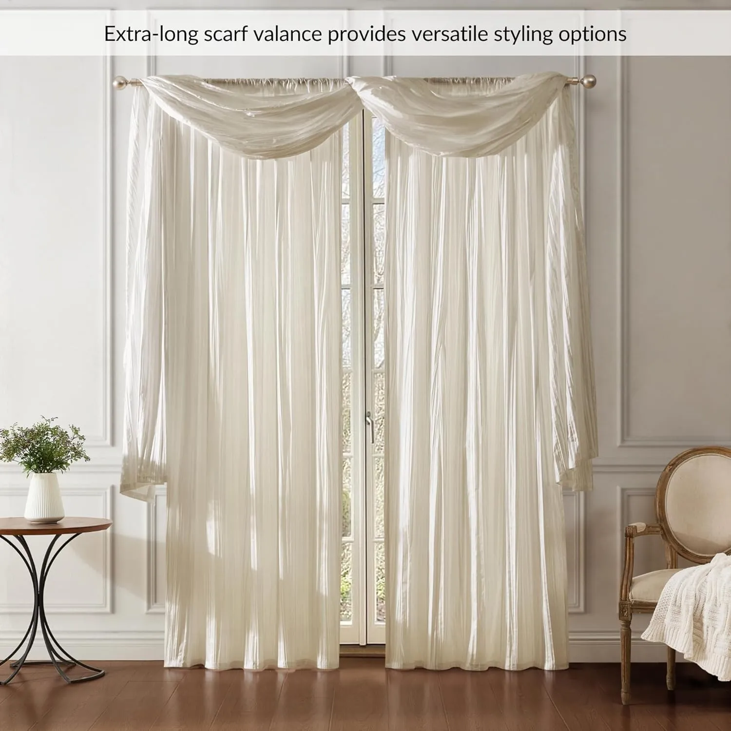 Elrene Home Fashions Athena Faux Crushed-Silk Window Curtain Panel and Valance Set, 52"x95" (2 Panels) & 1 Valance, Ivory
