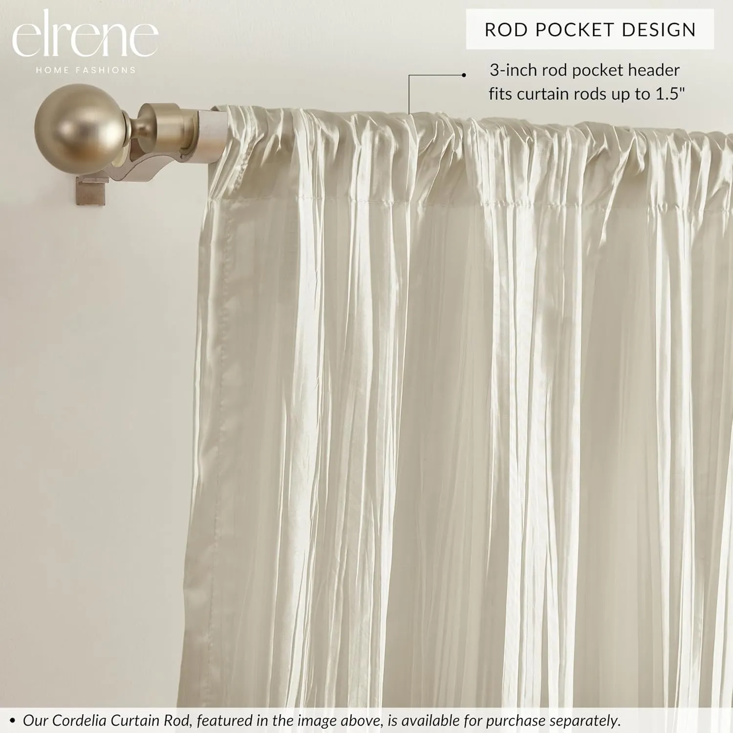Elrene Home Fashions Athena Faux Crushed-Silk Window Curtain Panel and Valance Set, 52"x95" (2 Panels) & 1 Valance, Ivory