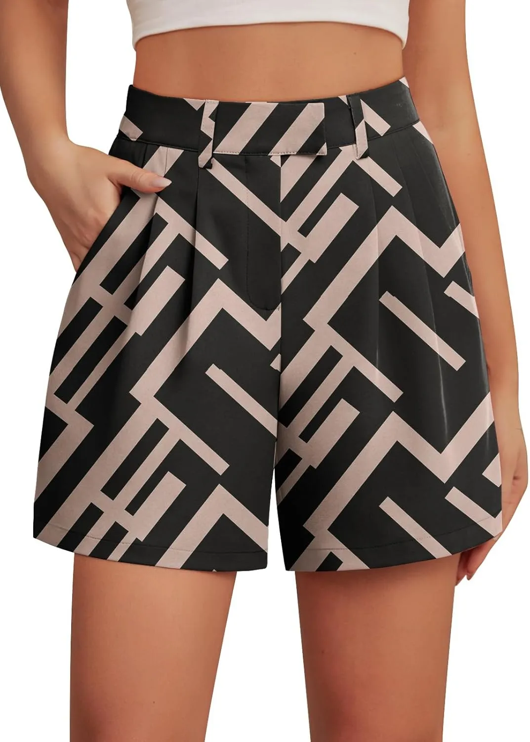Feiersi Womens Casual Elastic Waist Wide Leg Suit Tailored Shorts Summer Dressy Work Shorts with Pockets