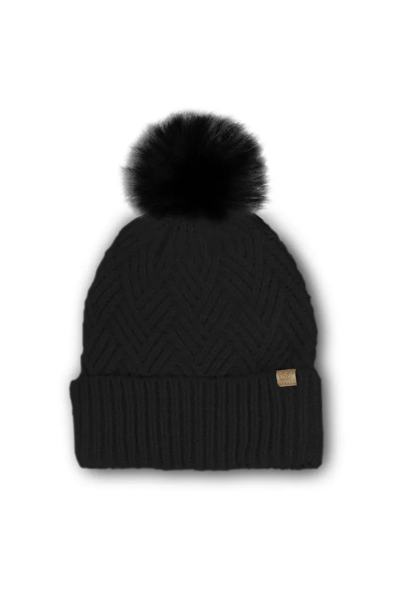 FSBB9277 - Chevron Knit Beanie with Faux Fur Pom