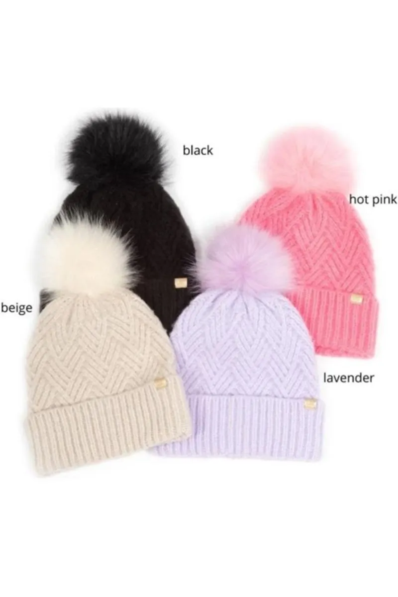 FSBB9277 - Chevron Knit Beanie with Faux Fur Pom