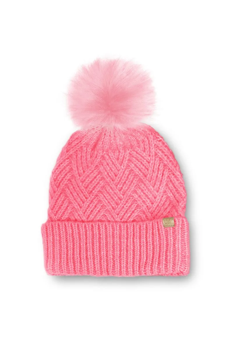 FSBB9277 - Chevron Knit Beanie with Faux Fur Pom