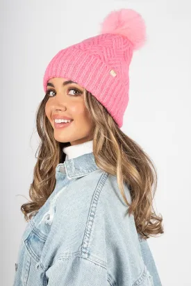 FSBB9277 - Chevron Knit Beanie with Faux Fur Pom