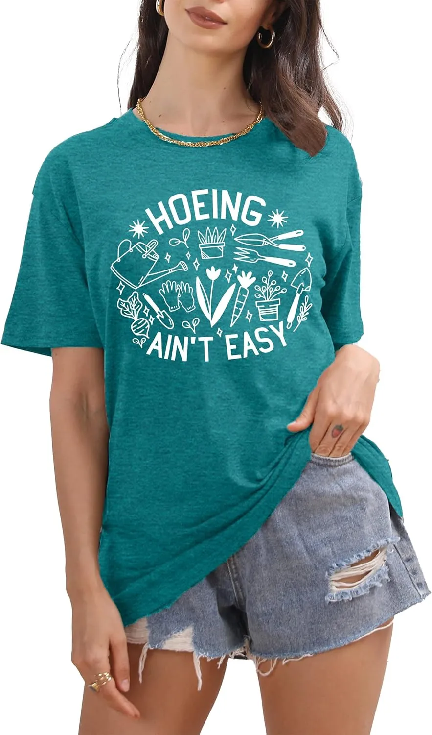 Garden Shirts for Women Plant Lover T Shirt Hoeing Ain't Easy Graphic Tee Short Sleeve Gardener Gift Blouse Tops