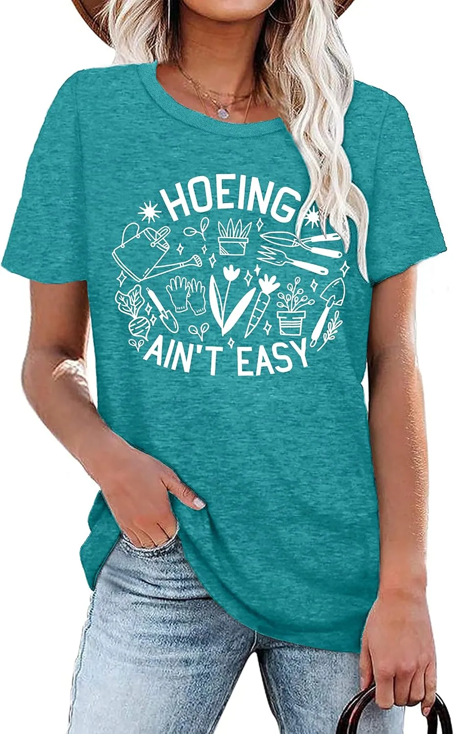 Garden Shirts for Women Plant Lover T Shirt Hoeing Ain't Easy Graphic Tee Short Sleeve Gardener Gift Blouse Tops