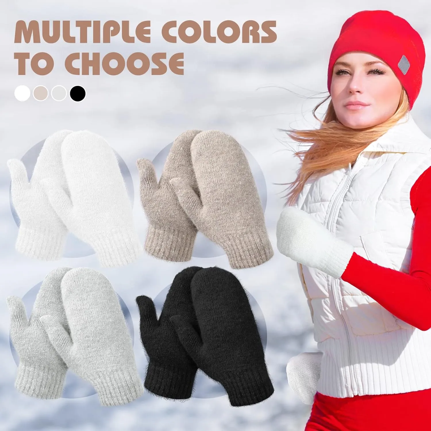 Hicarer Women's Winter Mittens - Knitted Gloves, Warm Fleece & Double Wool