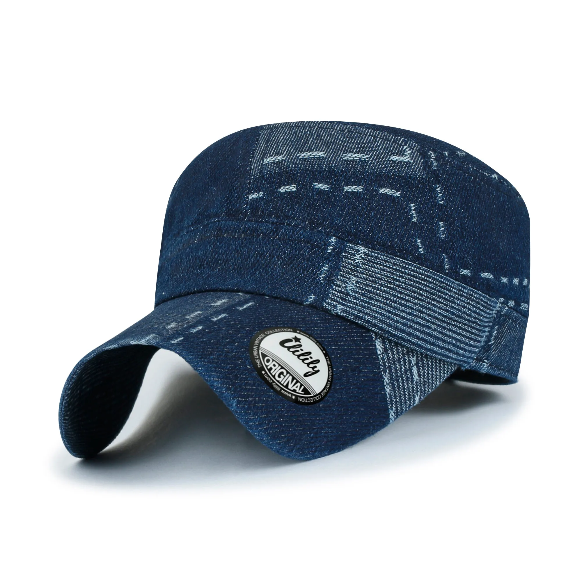 ililily Patchwork Denim Cotton Military Army Hat Casual Cadet Cap