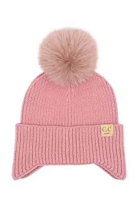 Kids Ear Flap Solid Beanie With Pom Pom