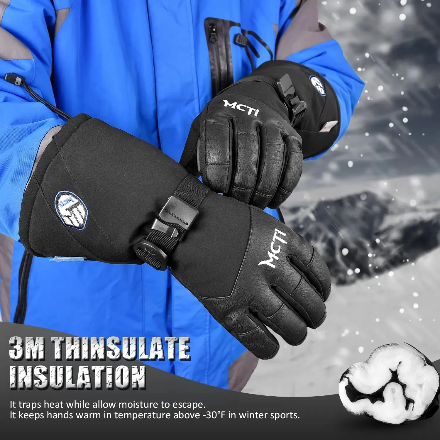 MCTi Waterproof Ski Snowboard Gloves Touchscreen PU Leather Winter Gloves with Wrist Leashes