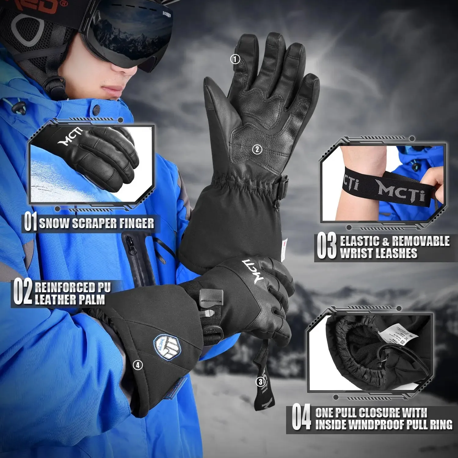 MCTi Waterproof Ski Snowboard Gloves Touchscreen PU Leather Winter Gloves with Wrist Leashes