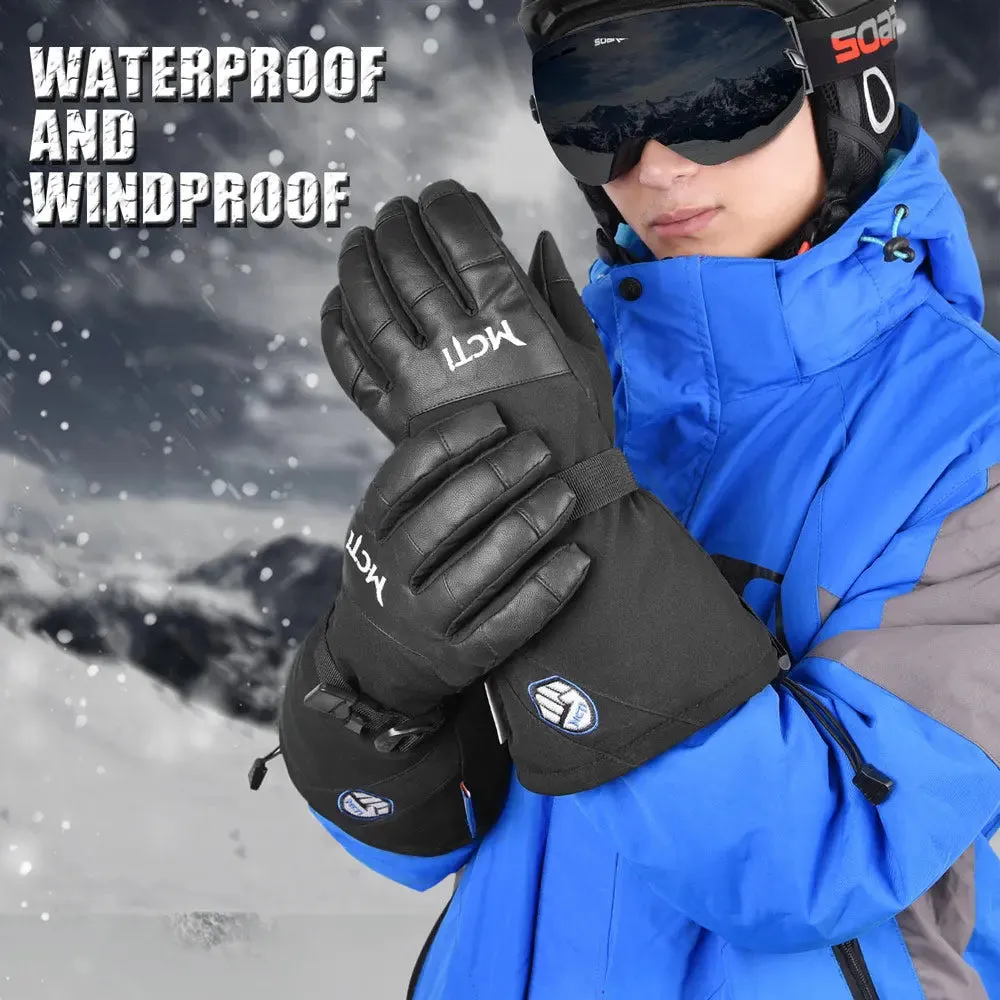 MCTi Waterproof Ski Snowboard Gloves Touchscreen PU Leather Winter Gloves with Wrist Leashes