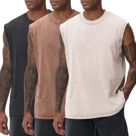 Mens Workout Tank Tops Sleeveless Tee Shirts Men Muscle Shirt Gym Acid Wash T Shirts Running Beach Loose Fit Tee