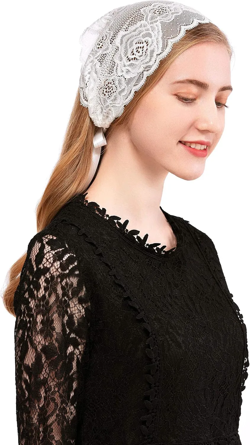 PAMOR Rose Lace Headband Kerchief Tie-style Floral Headwrap Latin Mass Head Covering Church Veil with Bobby Pins