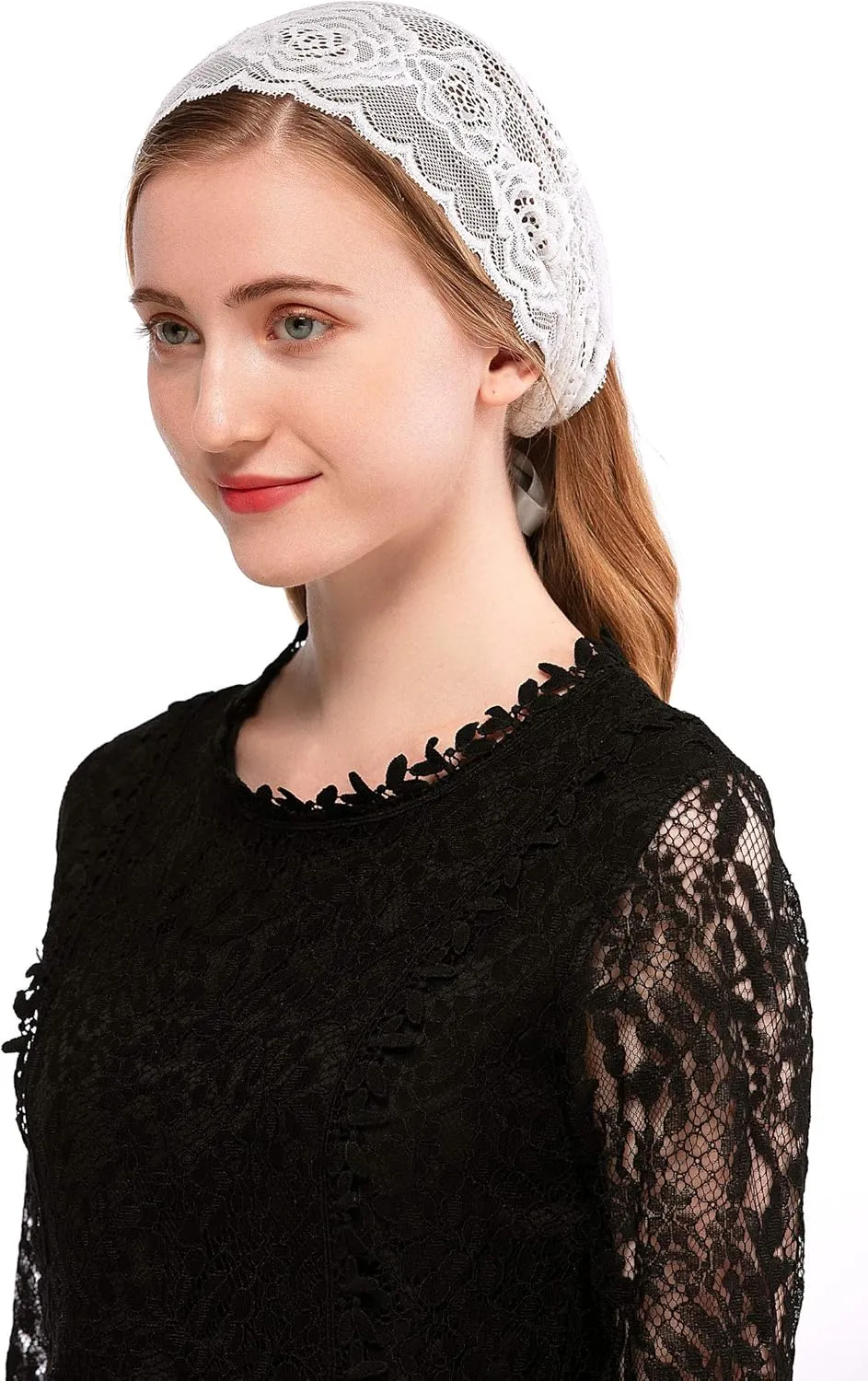 PAMOR Rose Lace Headband Kerchief Tie-style Floral Headwrap Latin Mass Head Covering Church Veil with Bobby Pins