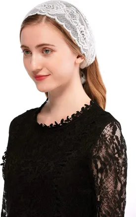 PAMOR Rose Lace Headband Kerchief Tie-style Floral Headwrap Latin Mass Head Covering Church Veil with Bobby Pins