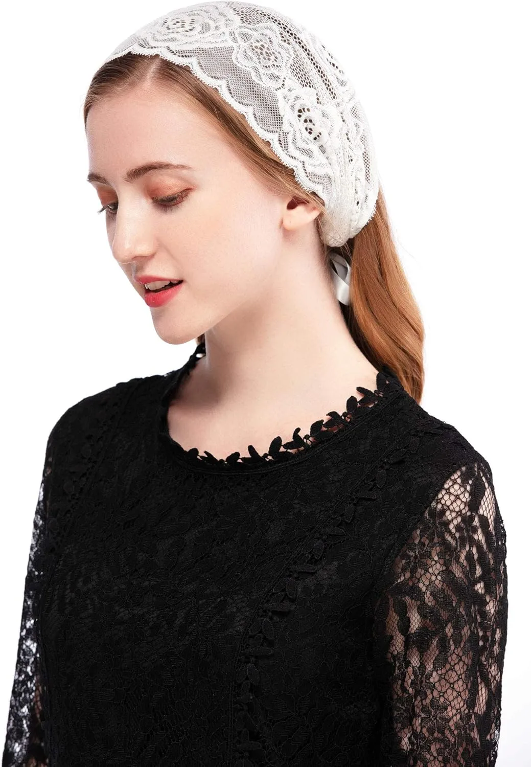 PAMOR Rose Lace Headband Kerchief Tie-style Floral Headwrap Latin Mass Head Covering Church Veil with Bobby Pins