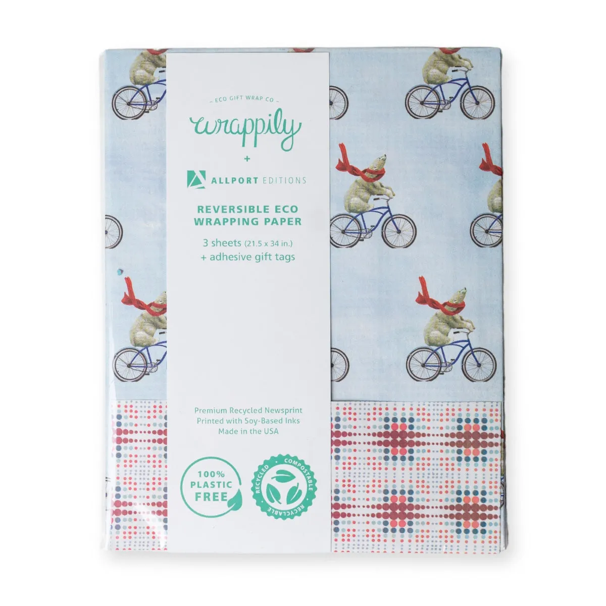 Polar Bear in Red Scarf Eco Holiday Gift Wrapping Paper - Reversible Patterns