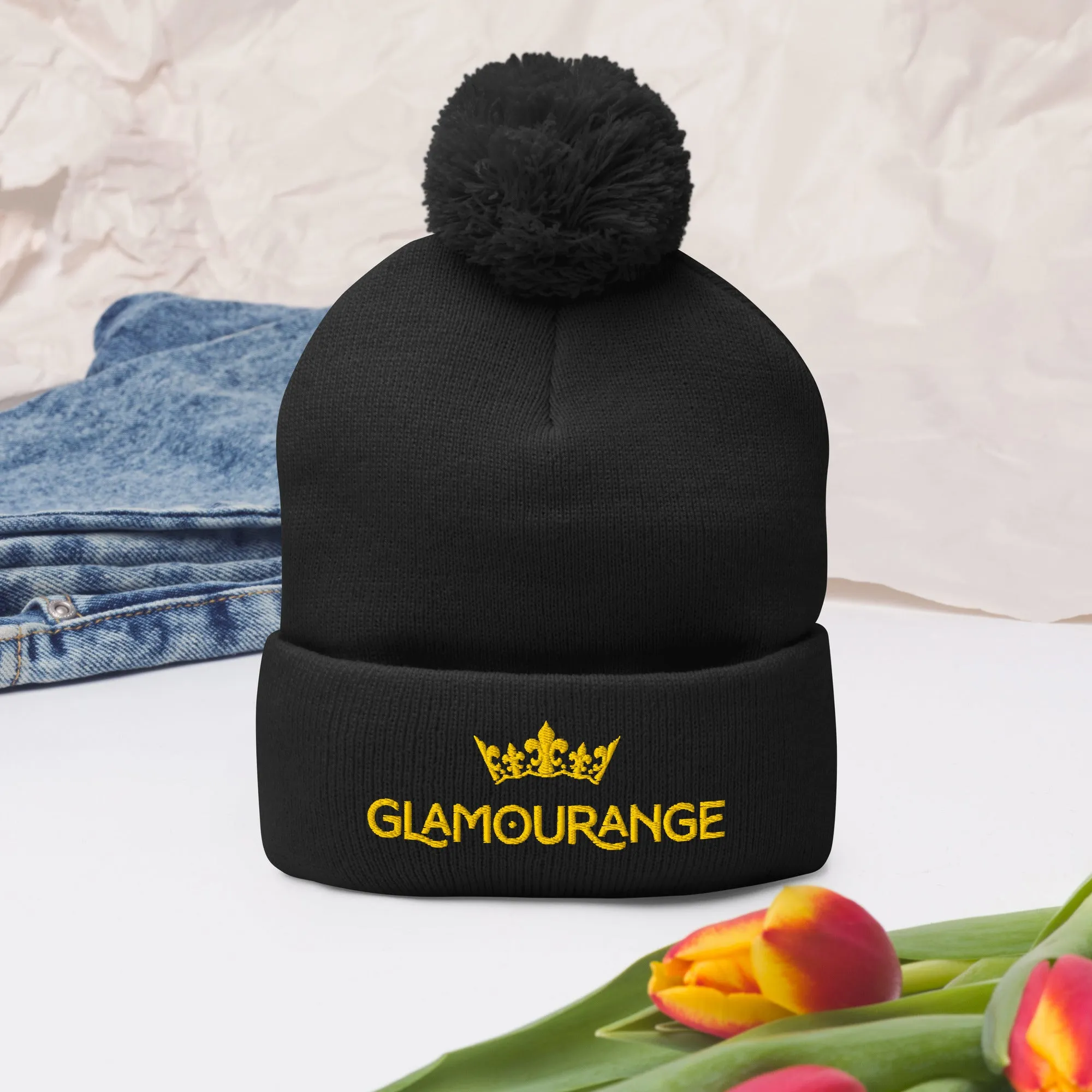 Pom Pom Beanie Embroidery Hat - Multi Colours (Glamourange Beanie With Pom Pom Knit Cap Winter Hat Collection)